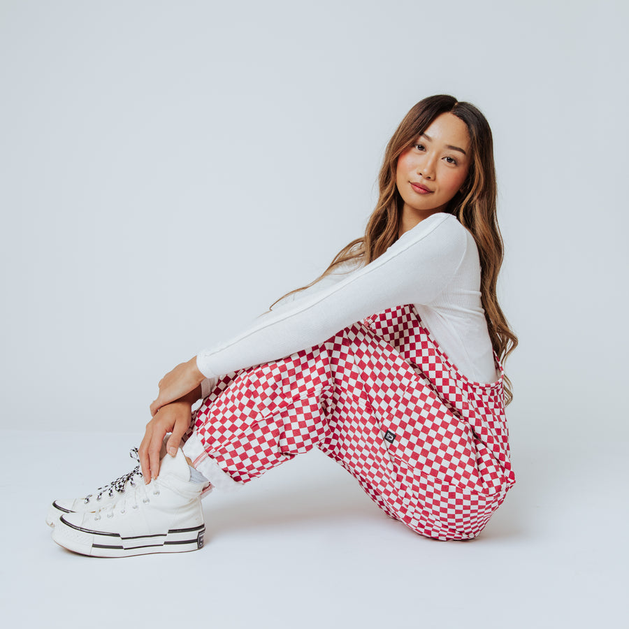 Women's Tank Romper - Washed Red and White Mini Check