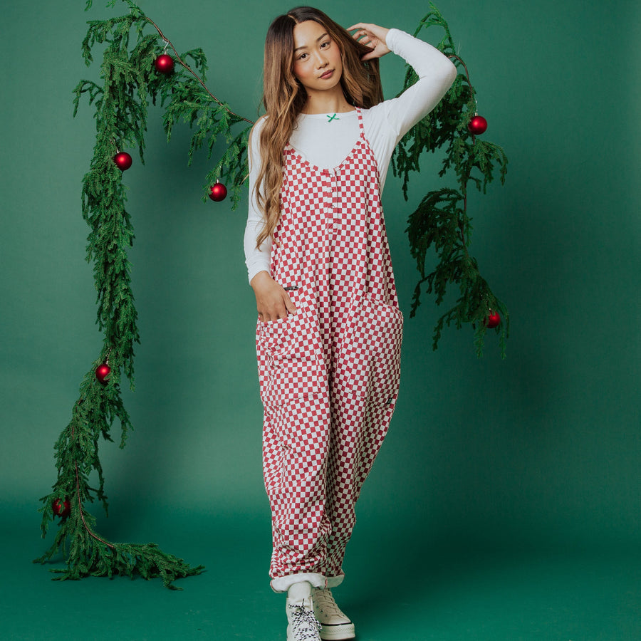 Women's Tank Romper - Washed Red and White Mini Check