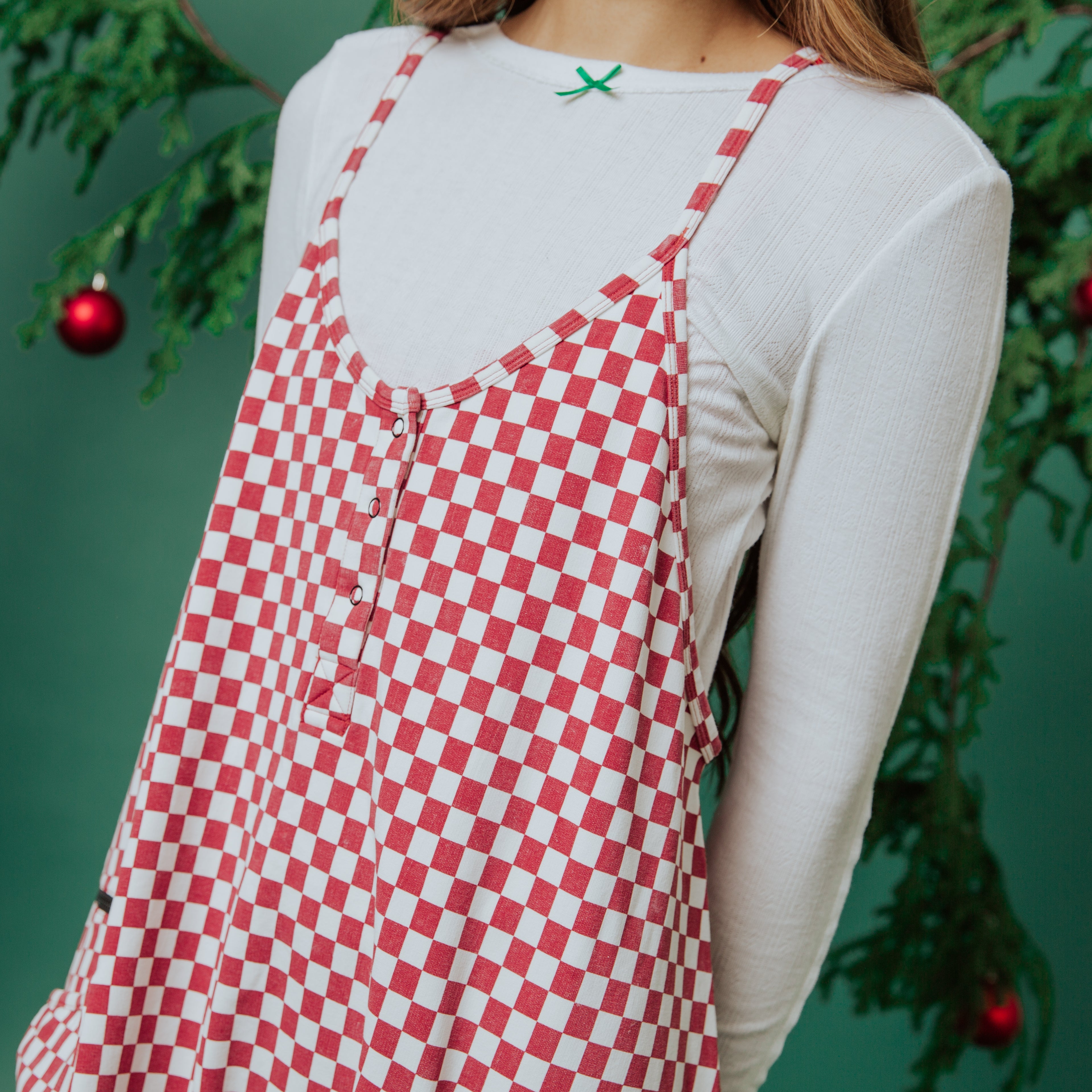 Women's Tank Romper - Washed Red and White Mini Check