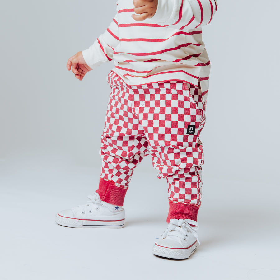 Relaxed Fit Joggers - Washed Red and White Mini Check