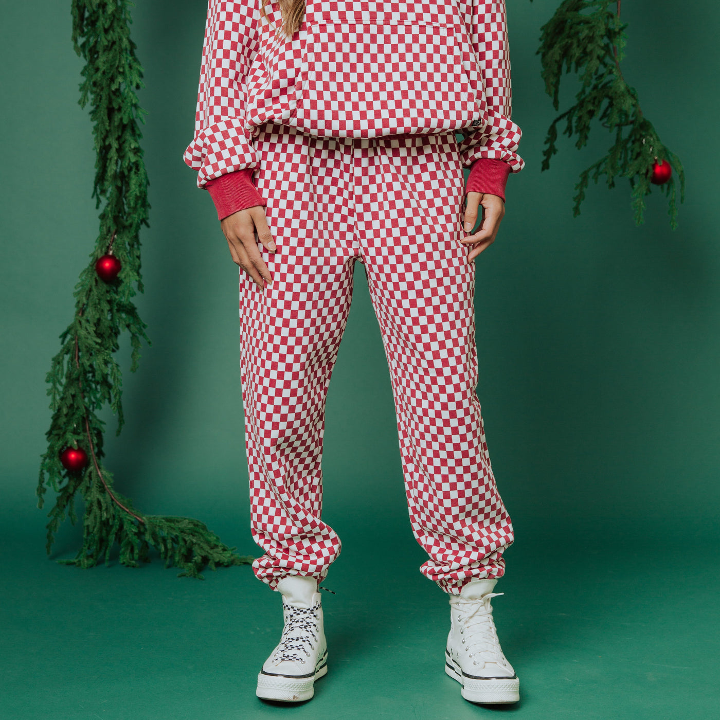 Adult Unisex Joggers - Washed Red and White Mini Check