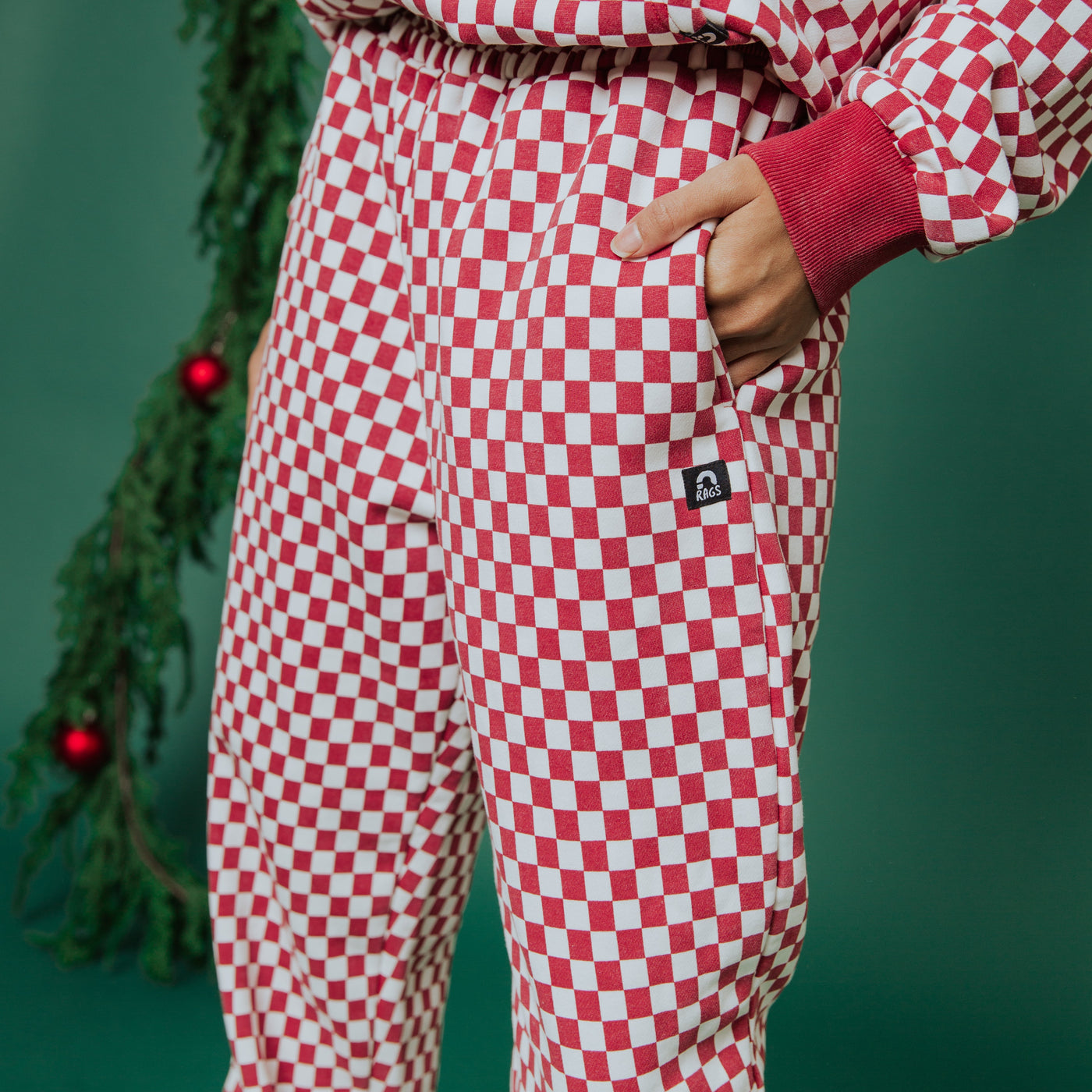 Adult Unisex Joggers - Washed Red and White Mini Check