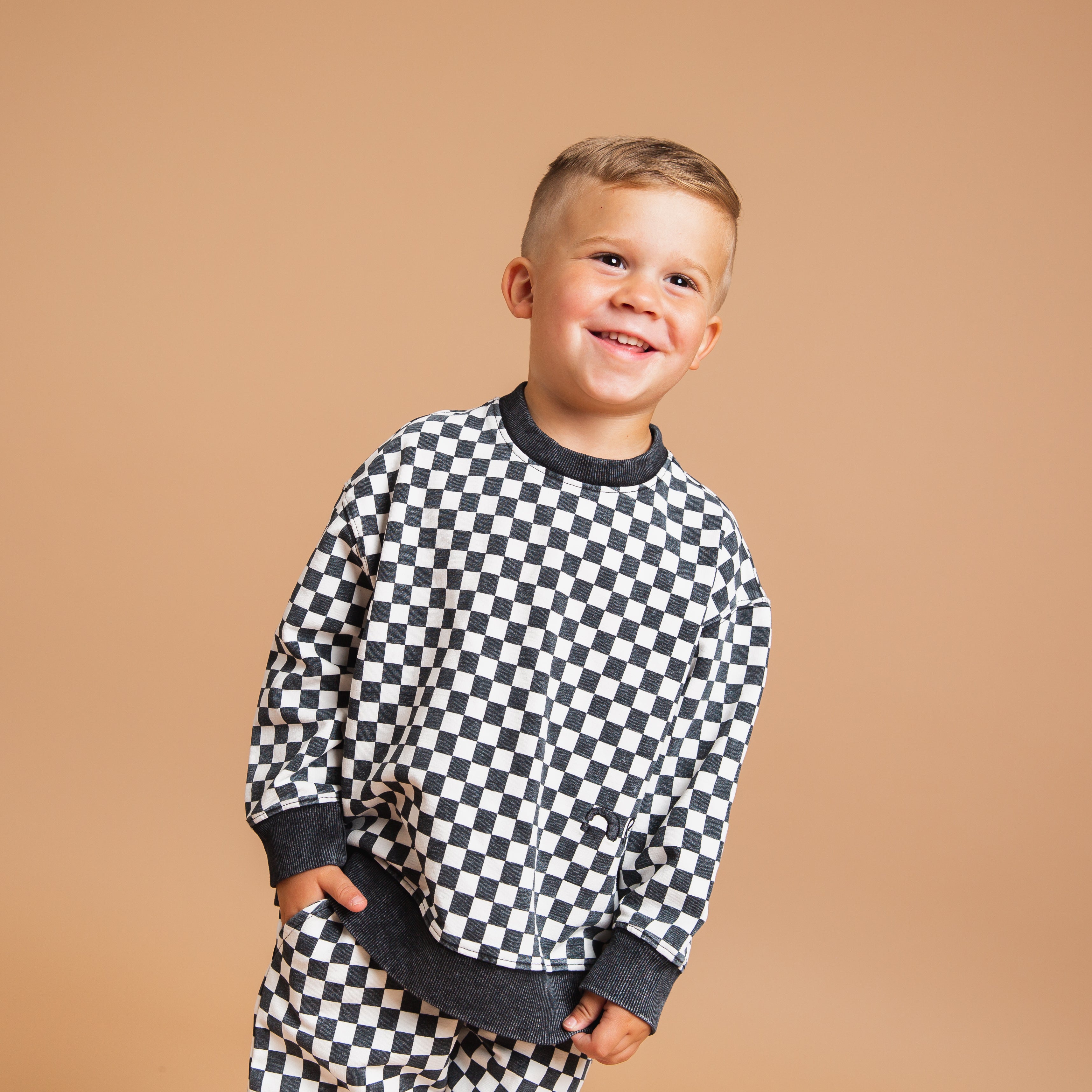 Drop Shoulder Crewneck - Black & White Mini Check