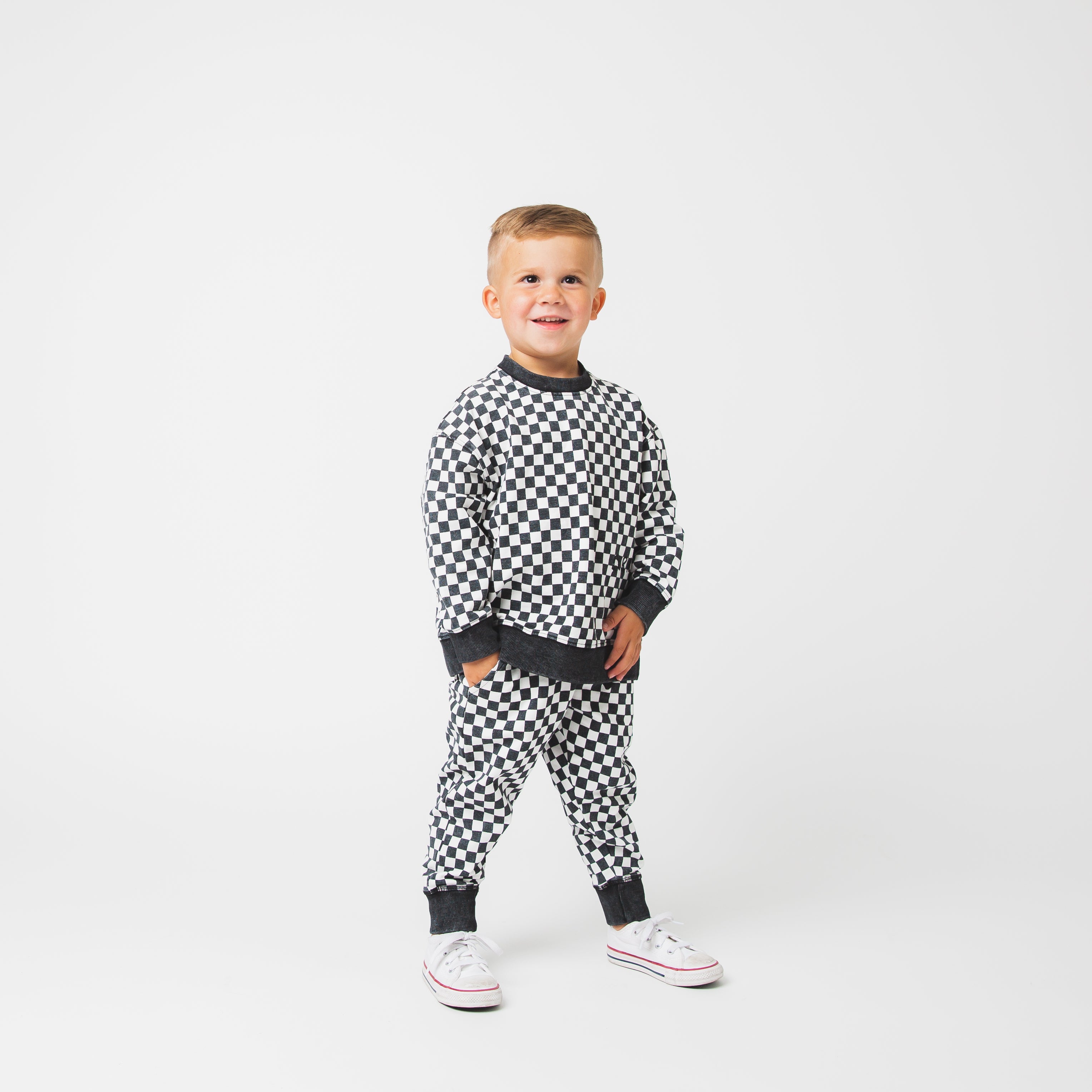 Drop Shoulder Crewneck - Black & White Mini Check