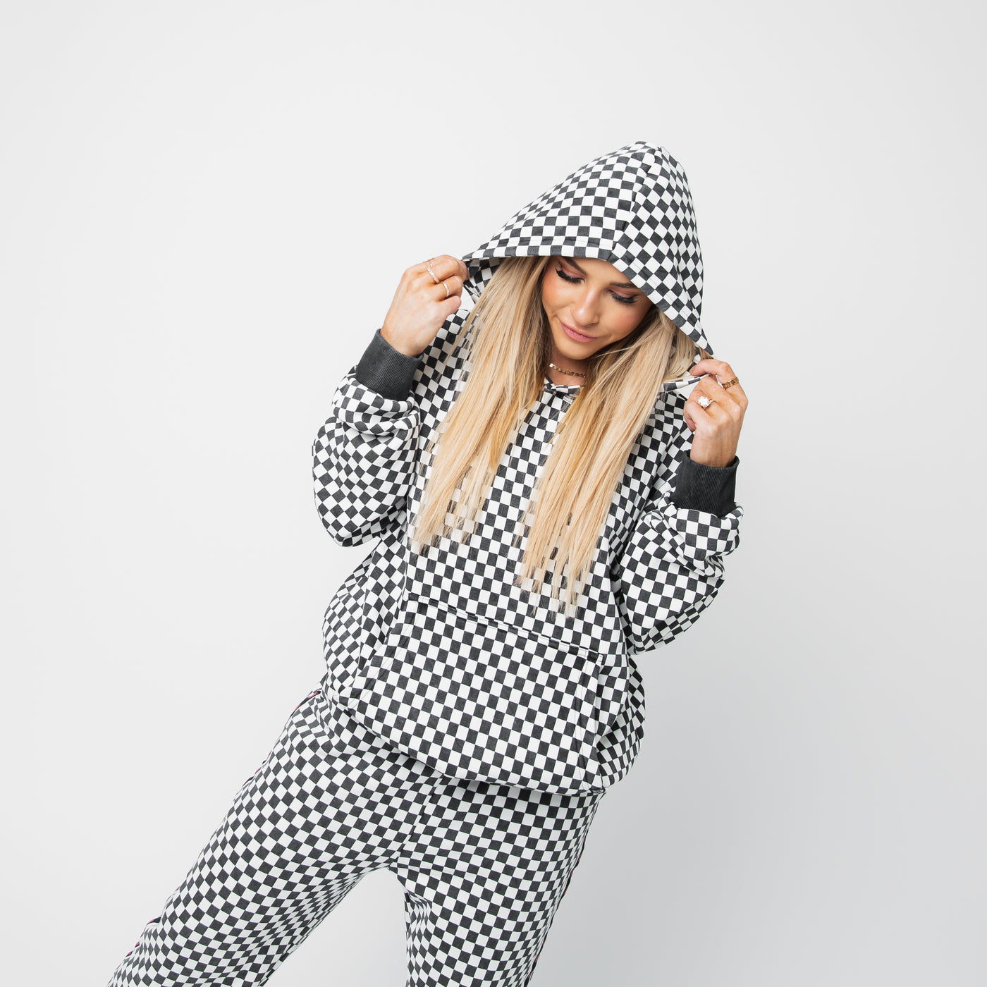 Adult Unisex Hoodie - Black & White Mini Check