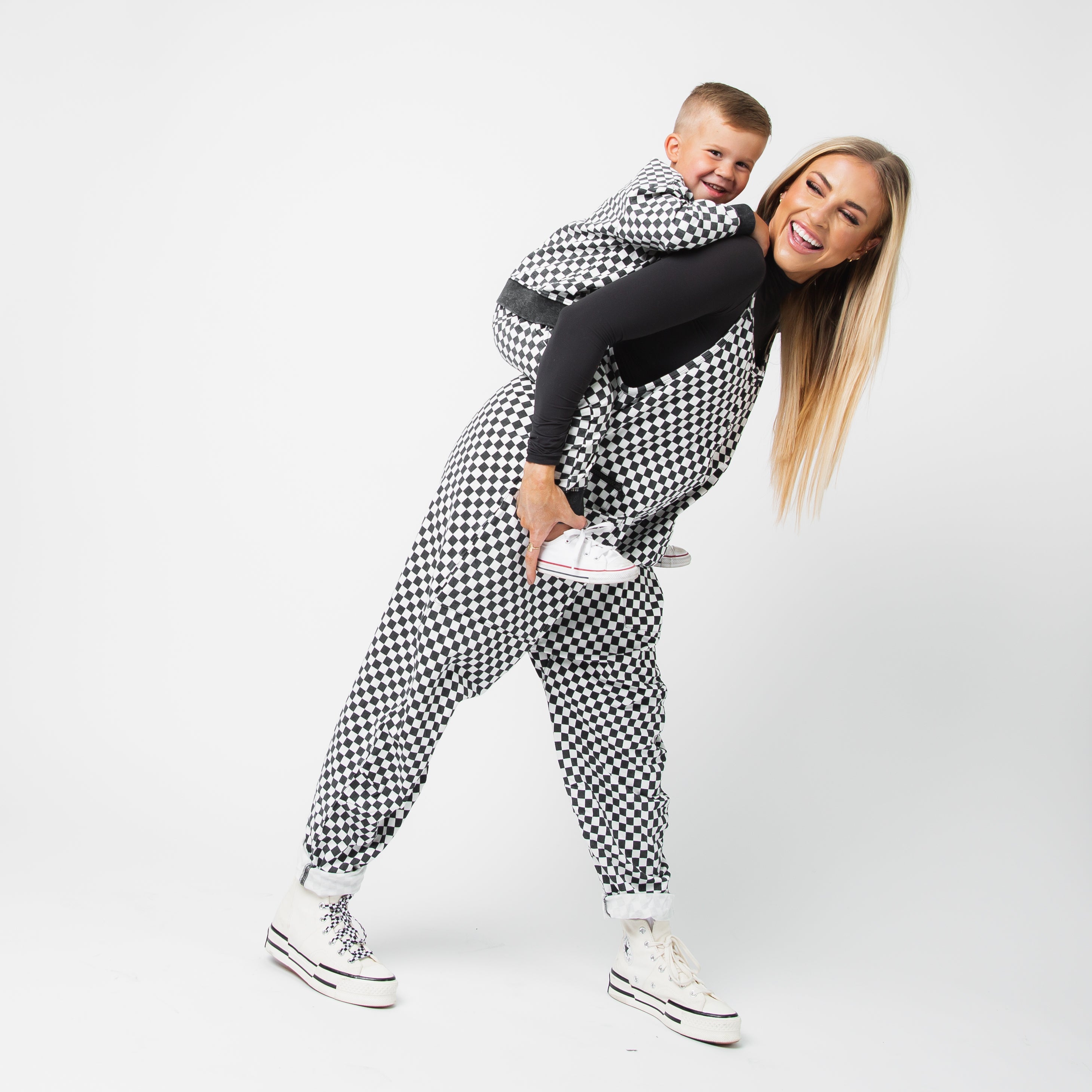 Drop Shoulder Crewneck - Black & White Mini Check