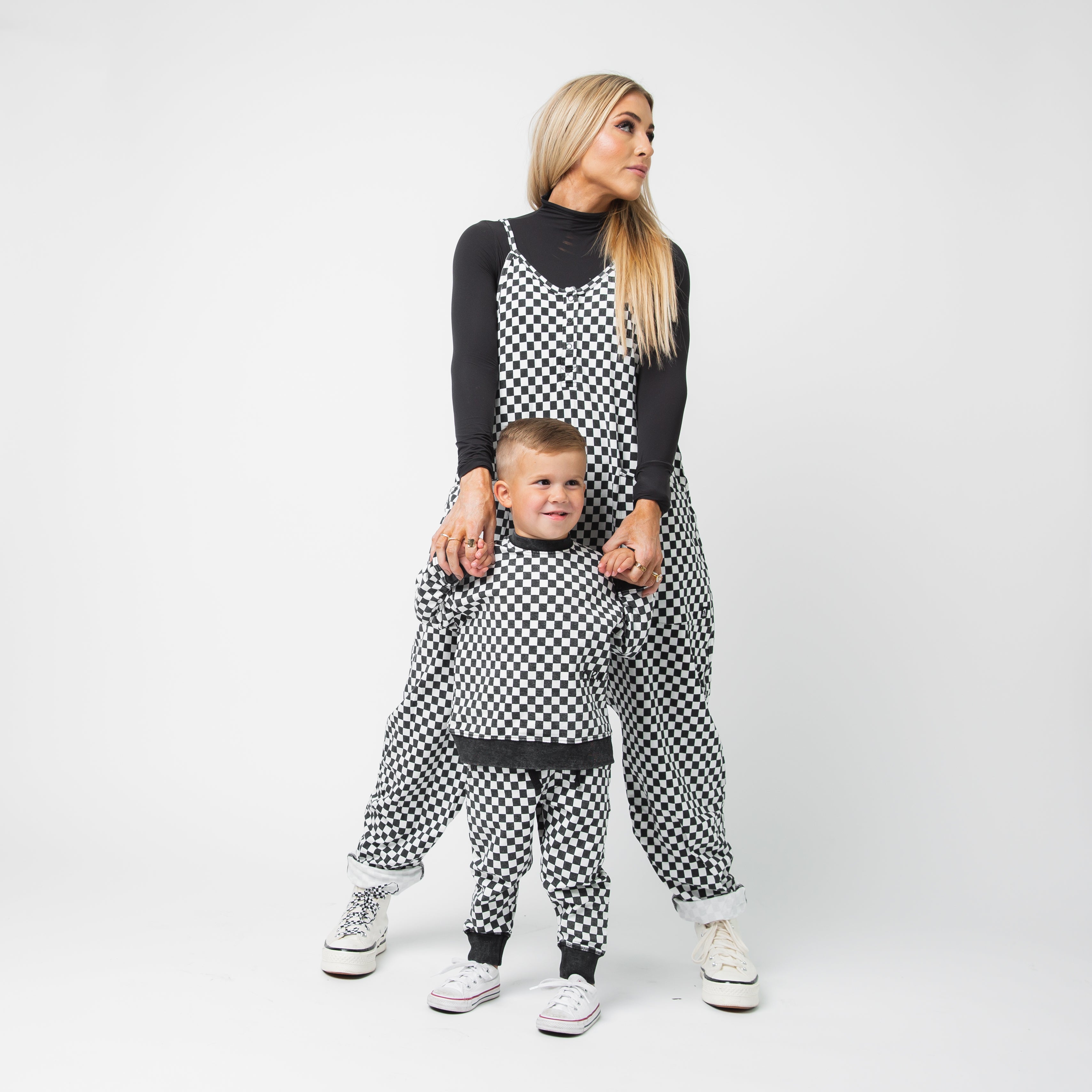 Women's Tank Romper - Black & White Mini Check