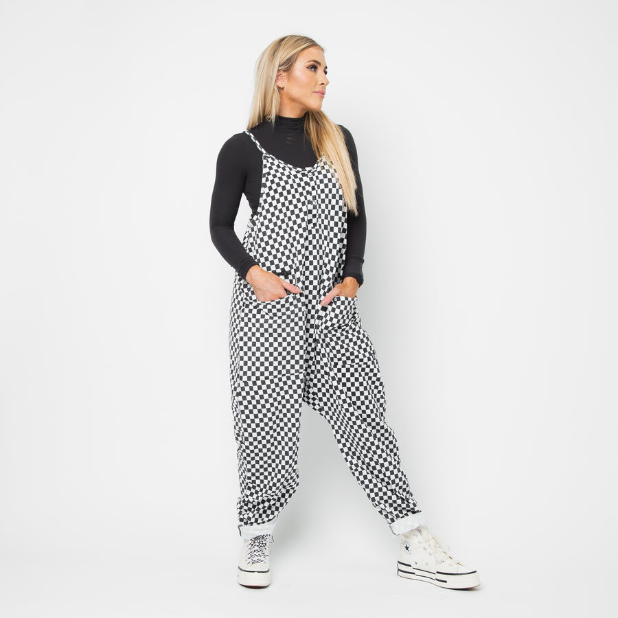Women's Tank Romper - Black & White Mini Check