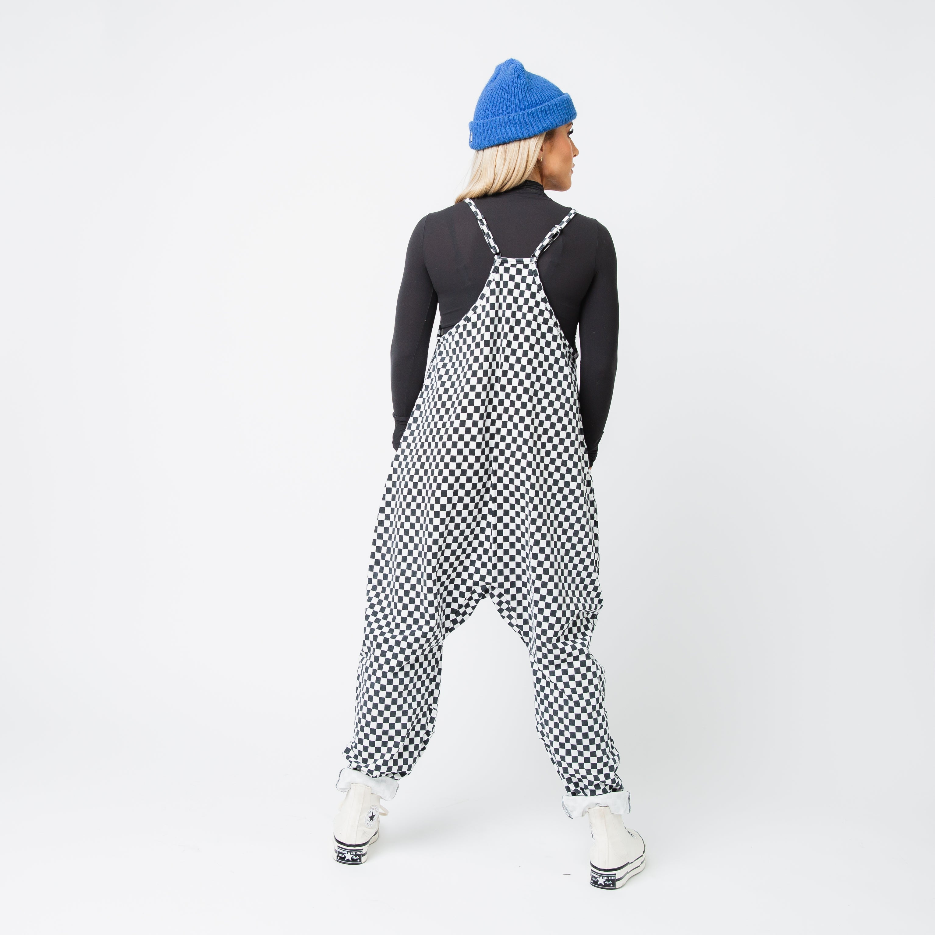 Women's Tank Romper - Black & White Mini Check