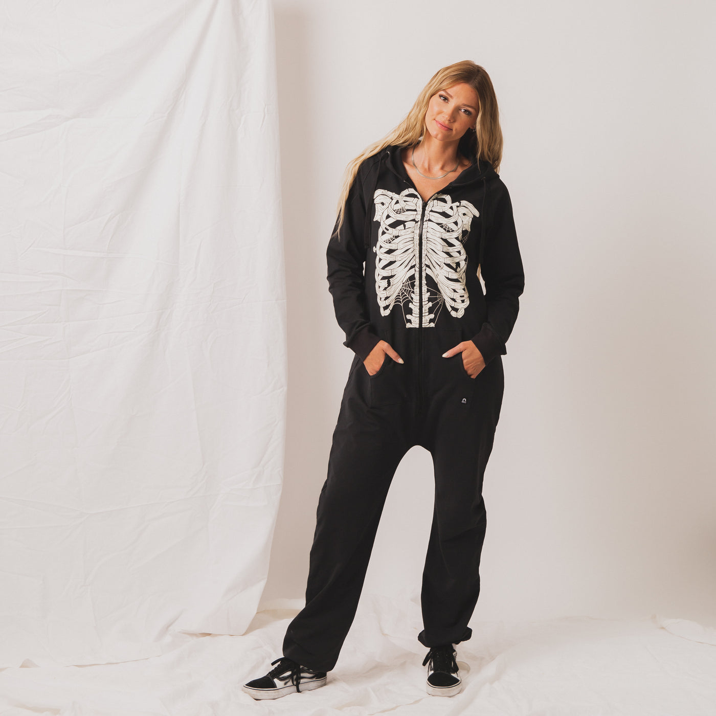 Adult Oversized Zip Jumpsuit - 'Black Skelly'