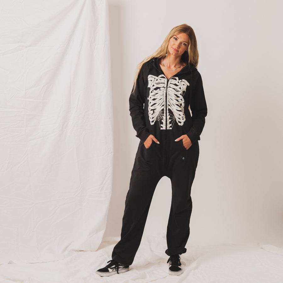 Adult Oversized Zip Jumpsuit - 'Black Skelly'