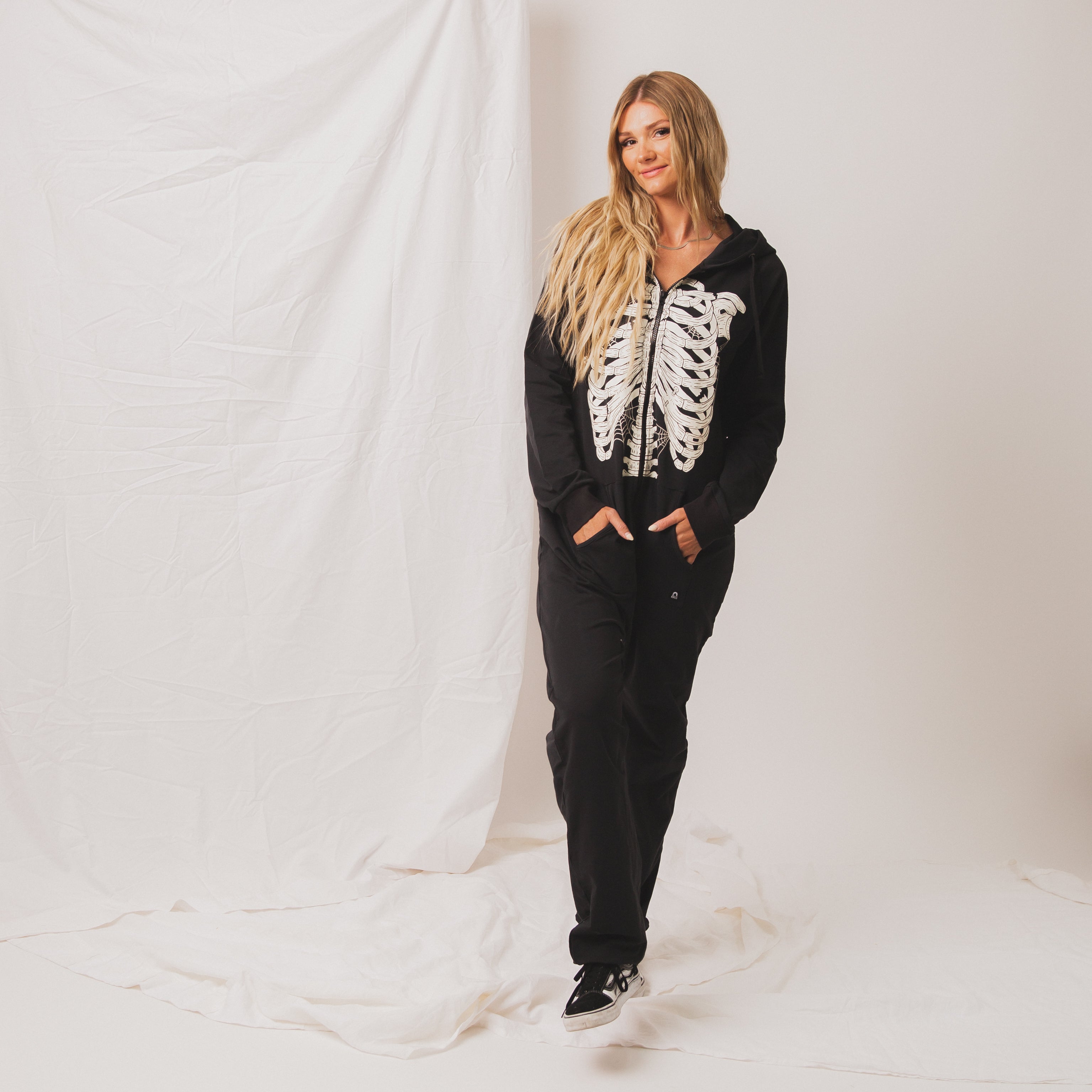 Adult Oversized Zip Jumpsuit - 'Black Skelly'