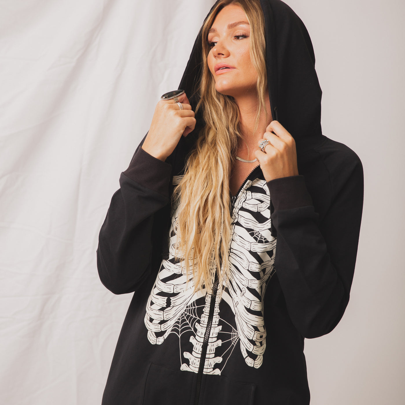 Adult Oversized Zip Jumpsuit - 'Black Skelly'