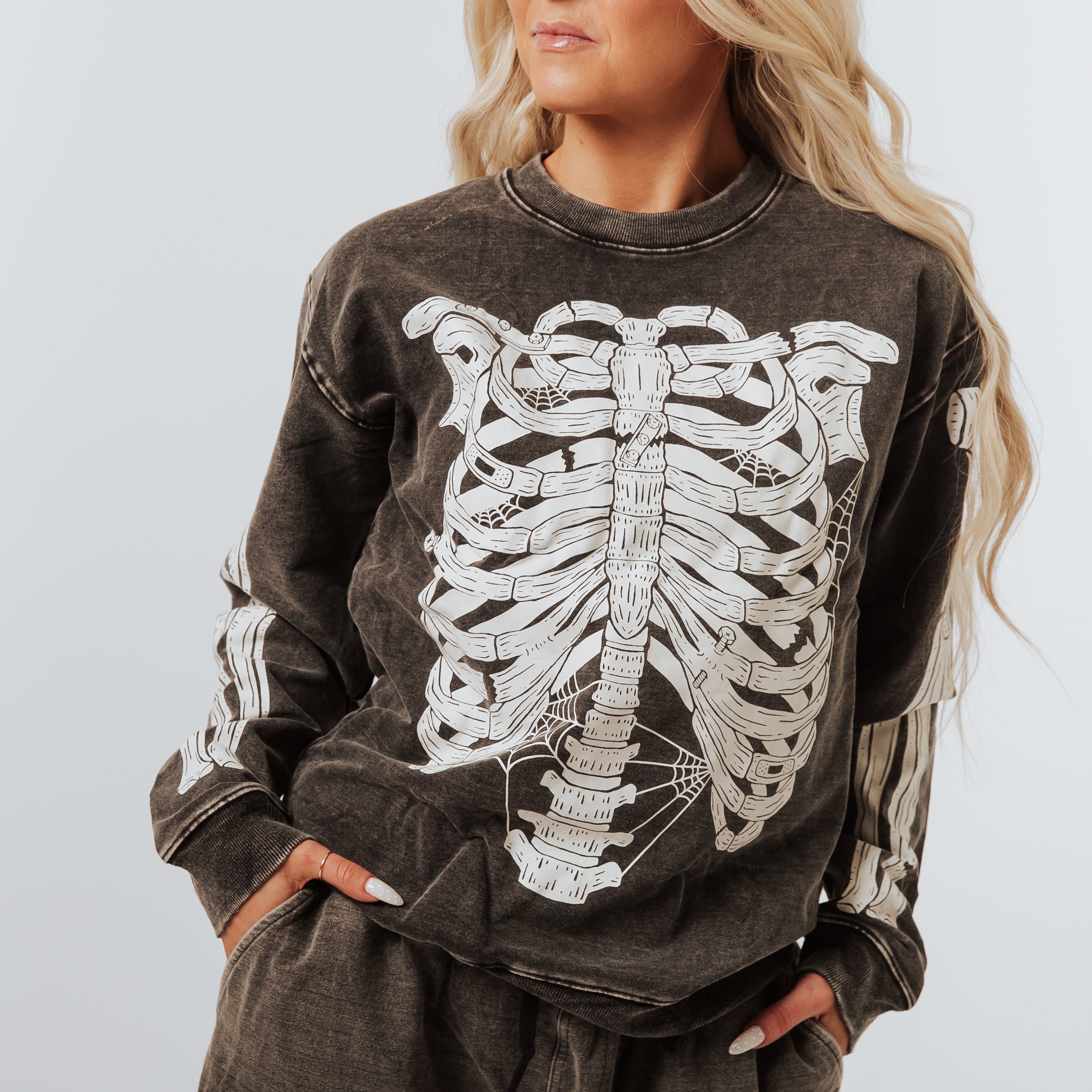 Adult Unisex Crewneck - 'Skelly' - Washed Black Denim