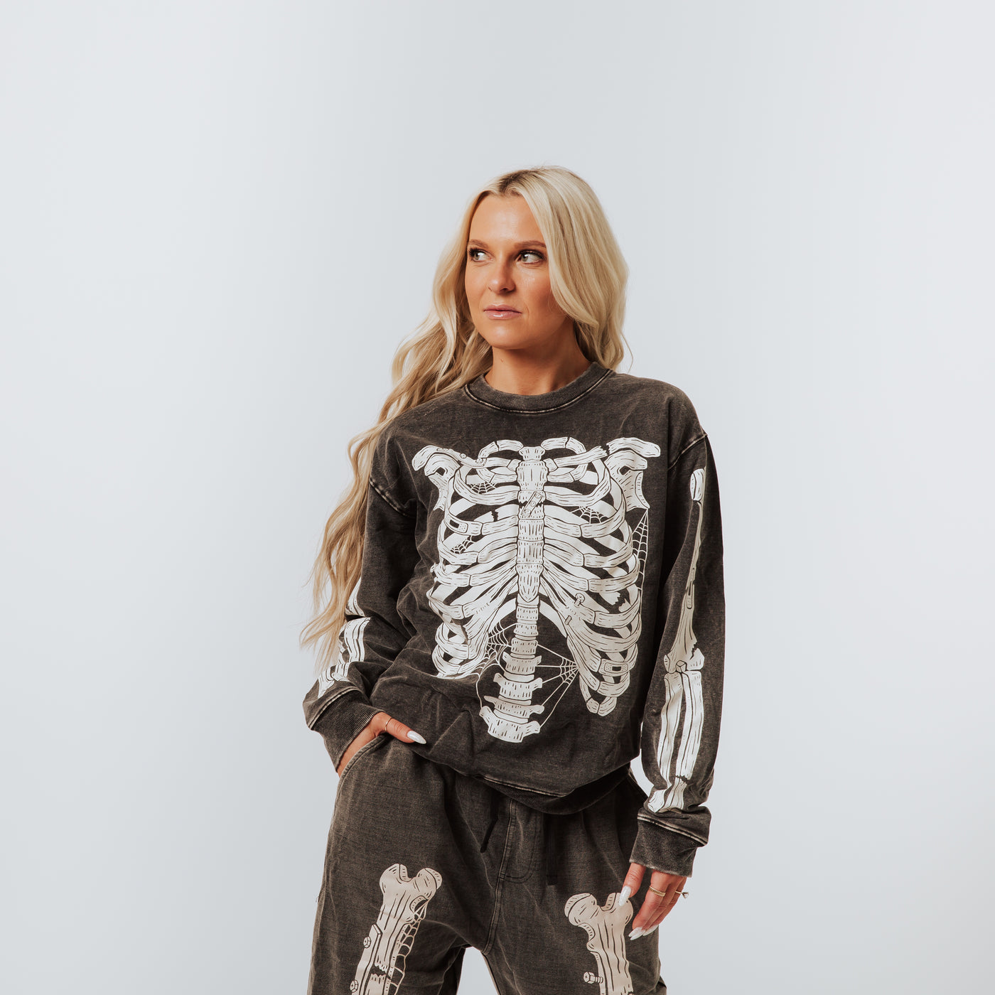 Adult Unisex Crewneck - 'Skelly' - Washed Black Denim