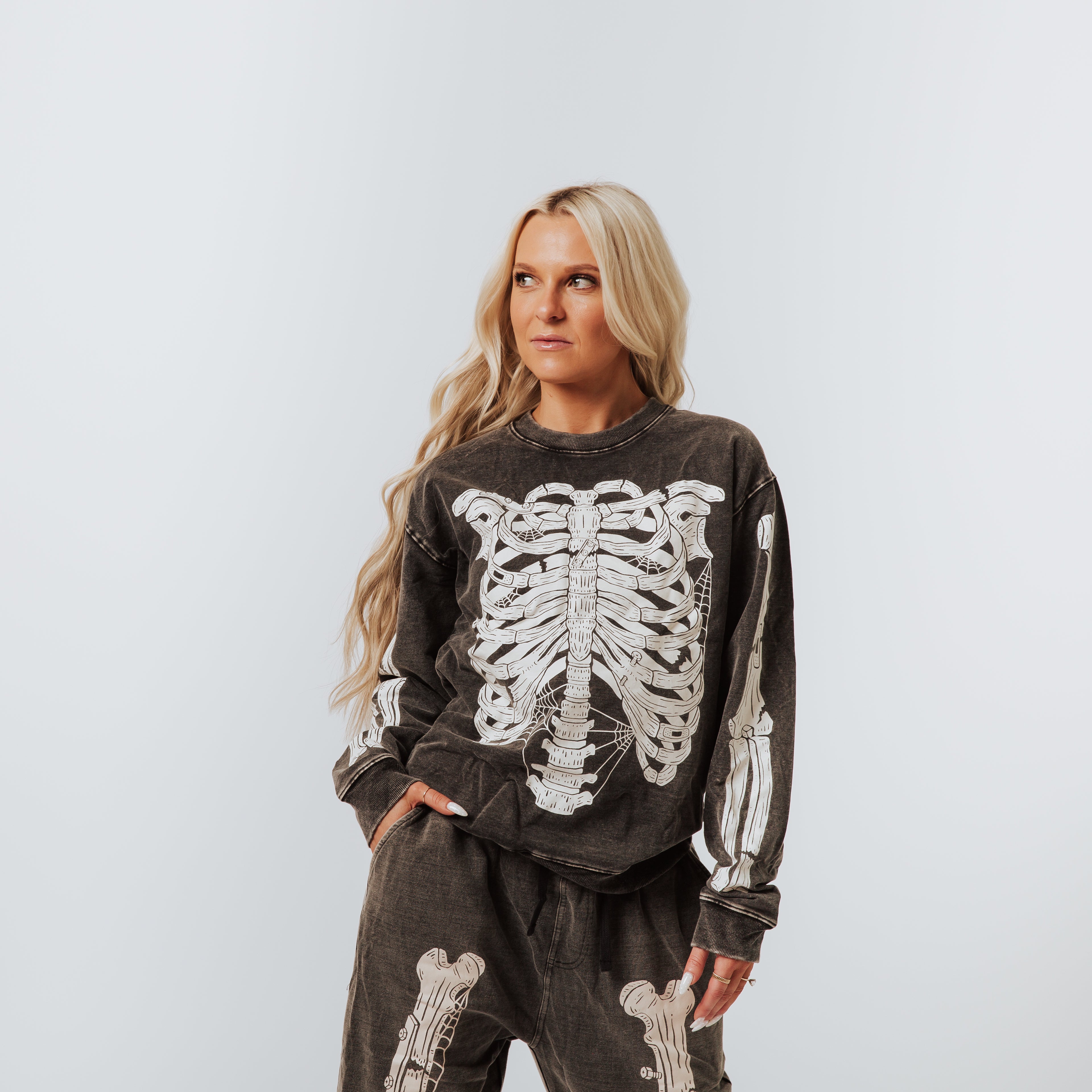 Adult Unisex Crewneck - 'Skelly' - Washed Black Denim