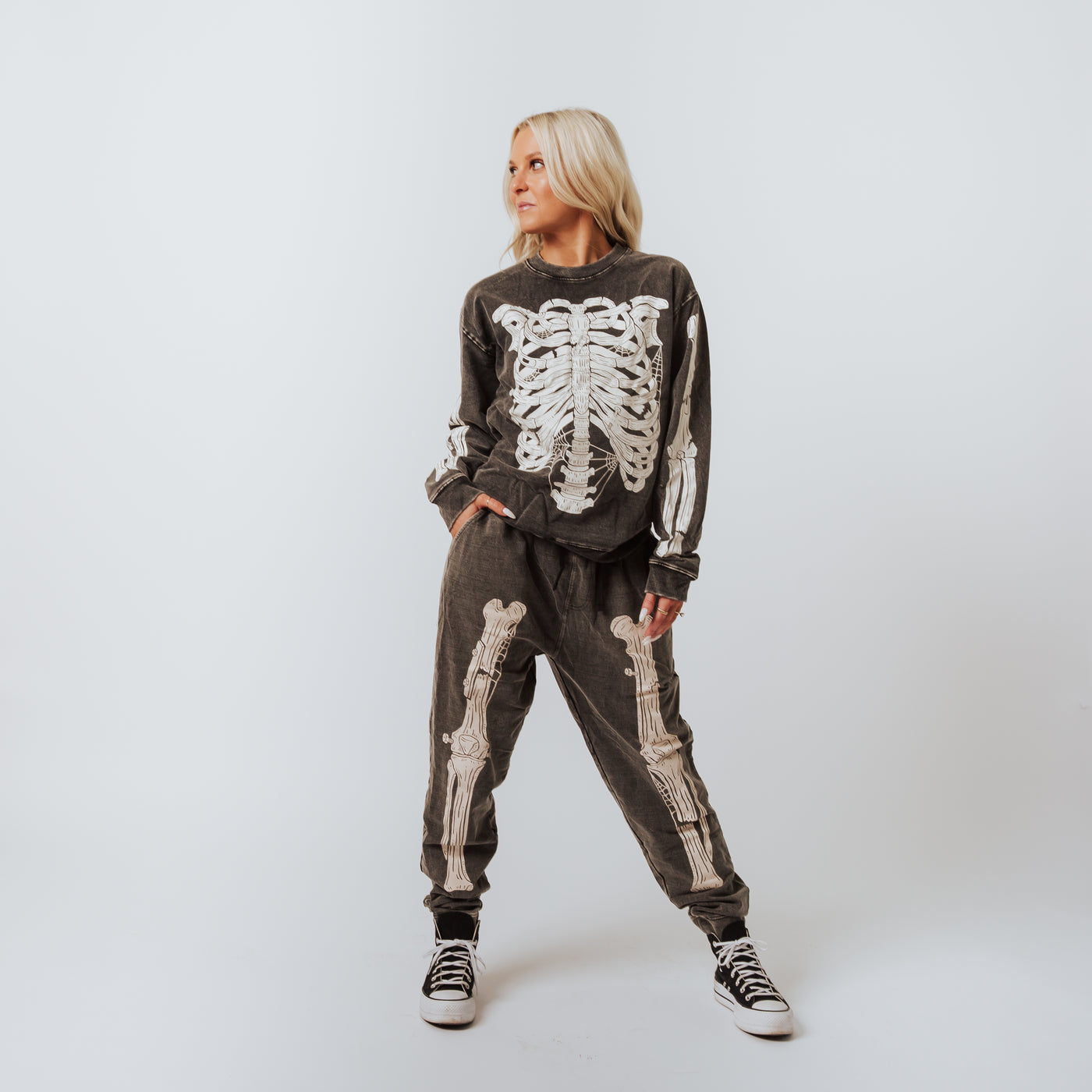 Adult Unisex Crewneck - 'Skelly' - Washed Black Denim