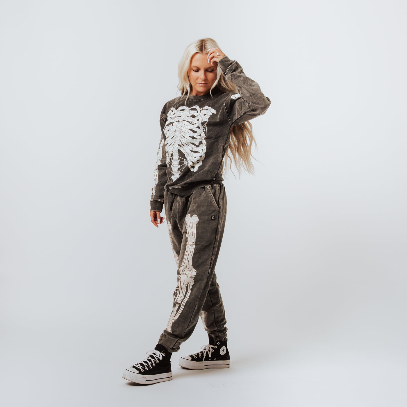 Adult Unisex Crewneck - 'Skelly' - Washed Black Denim