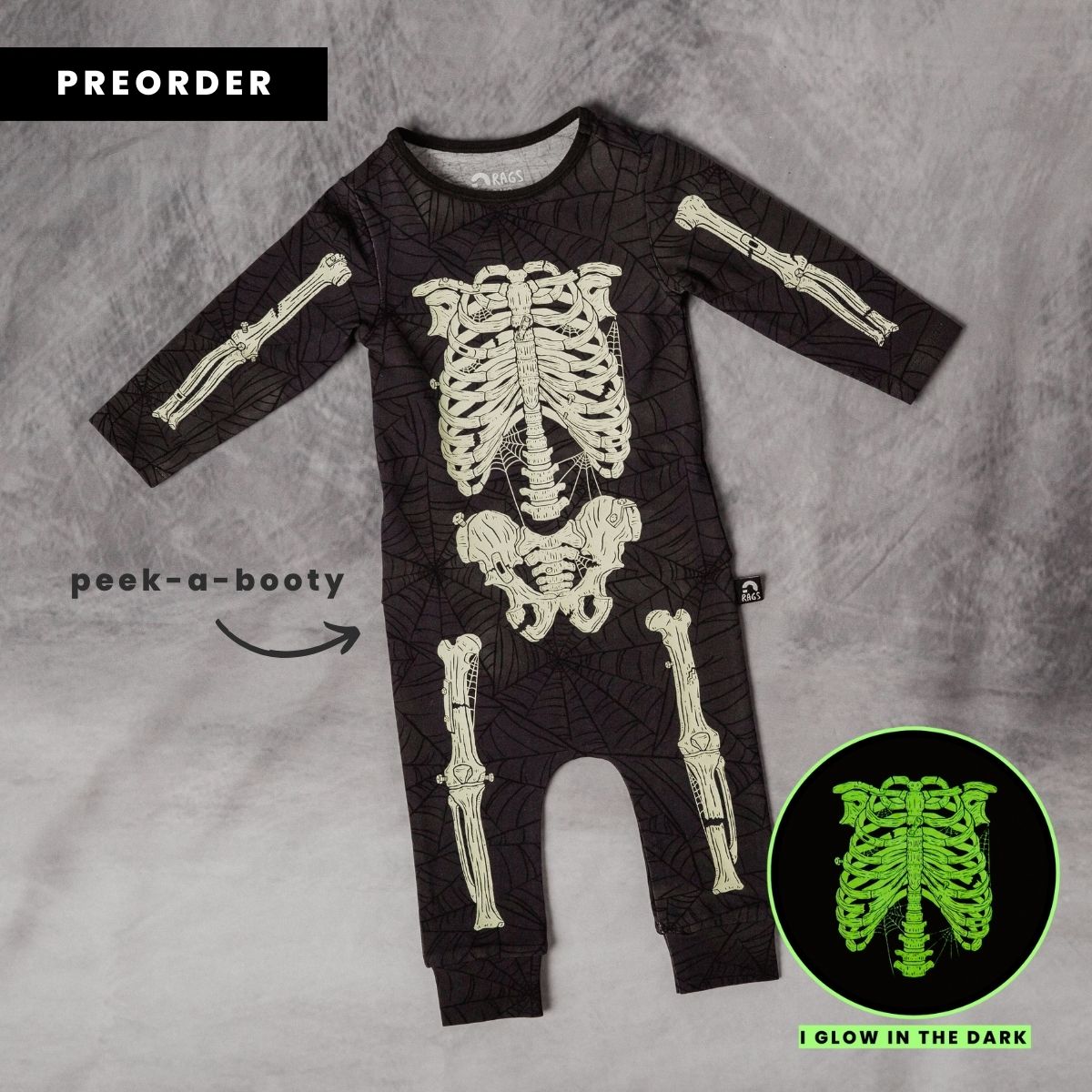 Peekabooty™ Rag Romper - 'Full Body Skelly' - Black