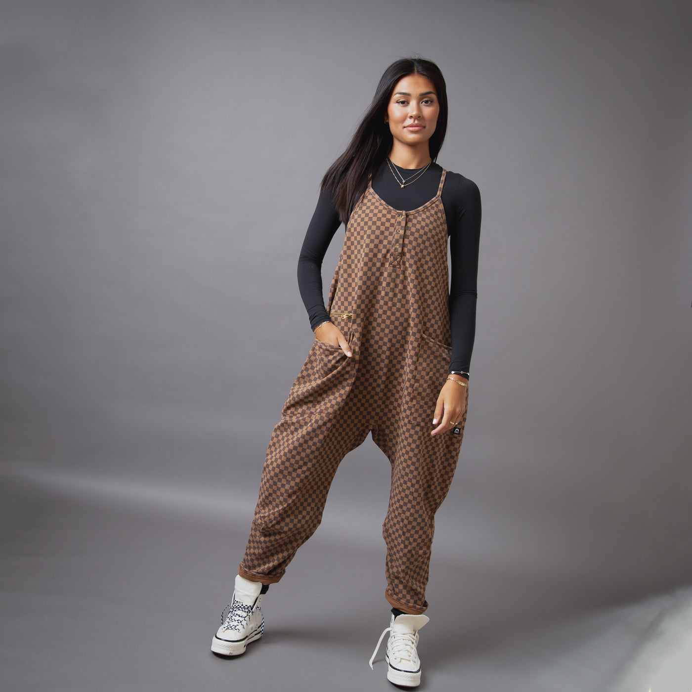 Women's Tank Romper - Washed Cocoa Brown Mini Check