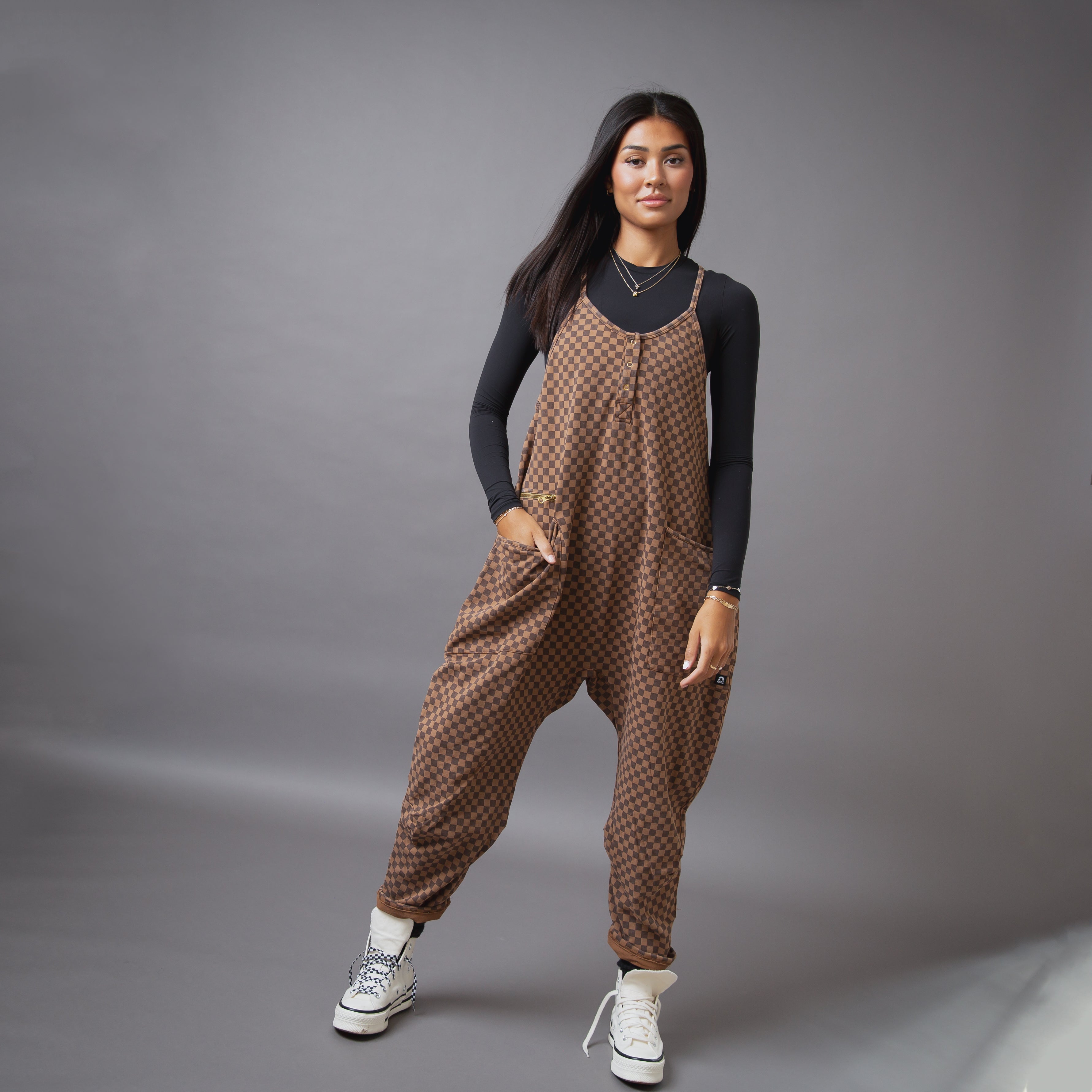 Women's Tank Romper - Washed Cocoa Brown Mini Check