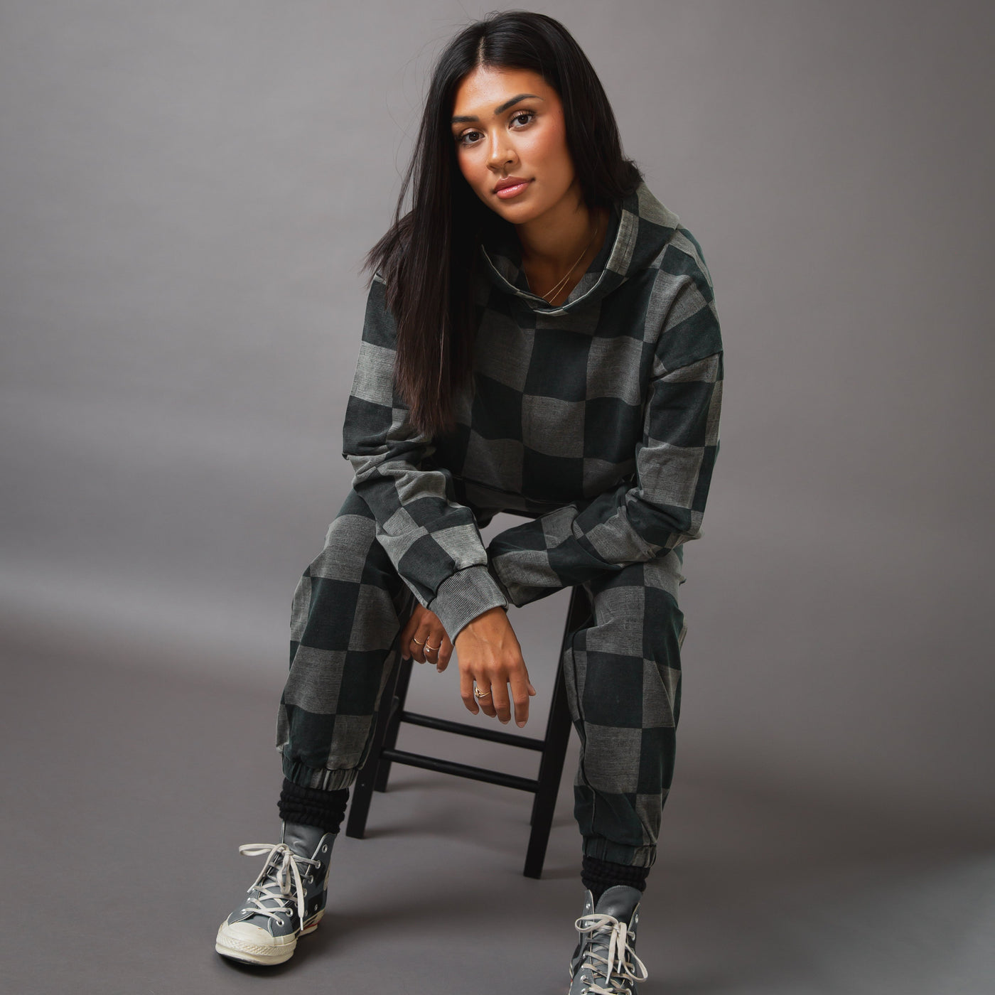 Adult Unisex Hoodie - Black Denim Check