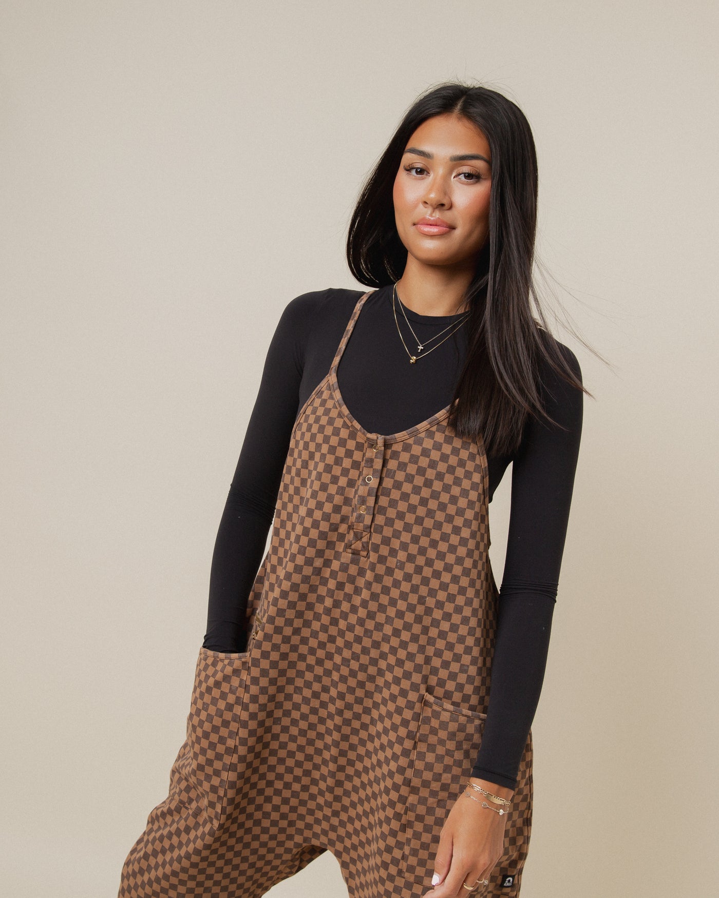 Women's Tank Romper - Washed Cocoa Brown Mini Check