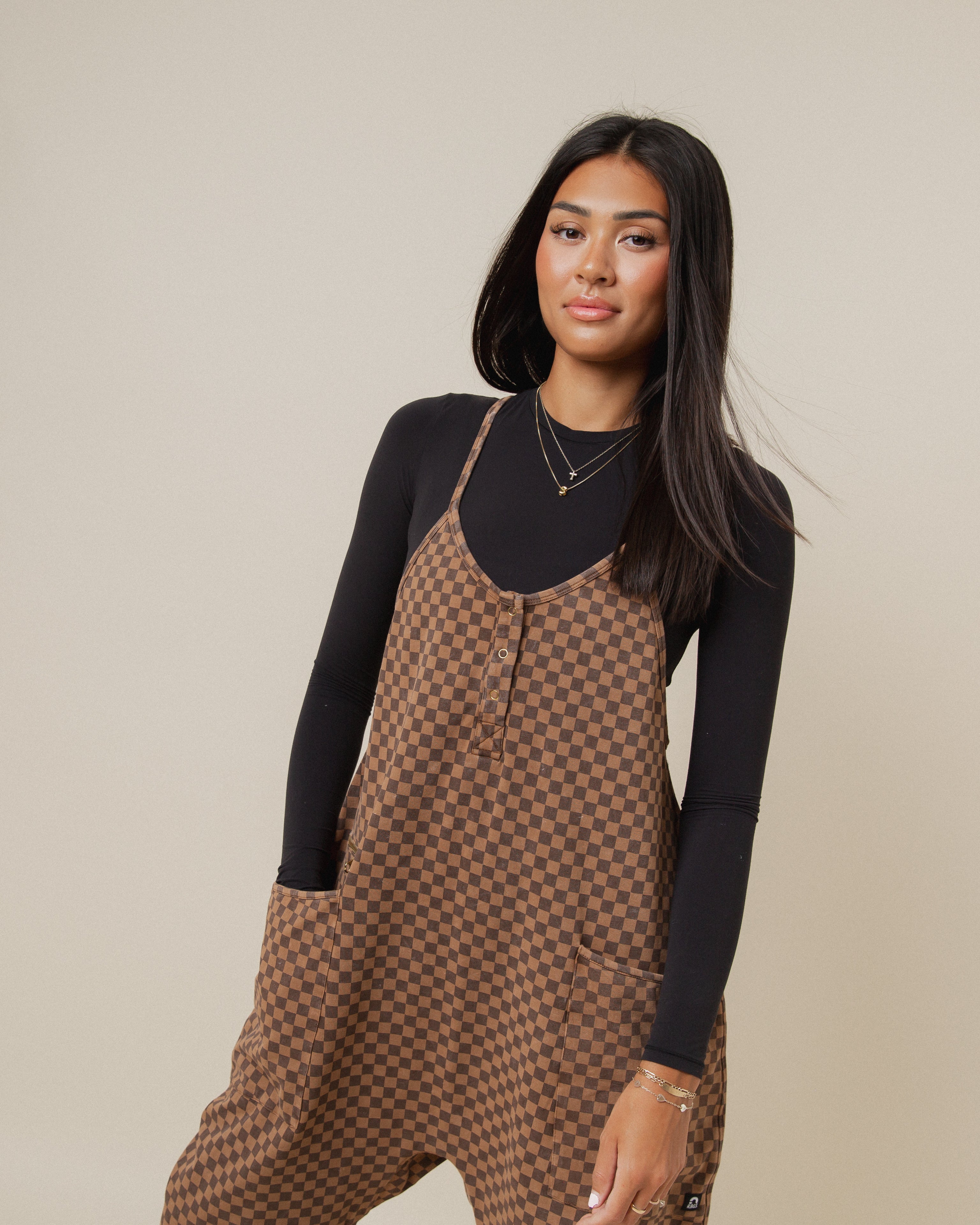 Women's Tank Romper - Washed Cocoa Brown Mini Check