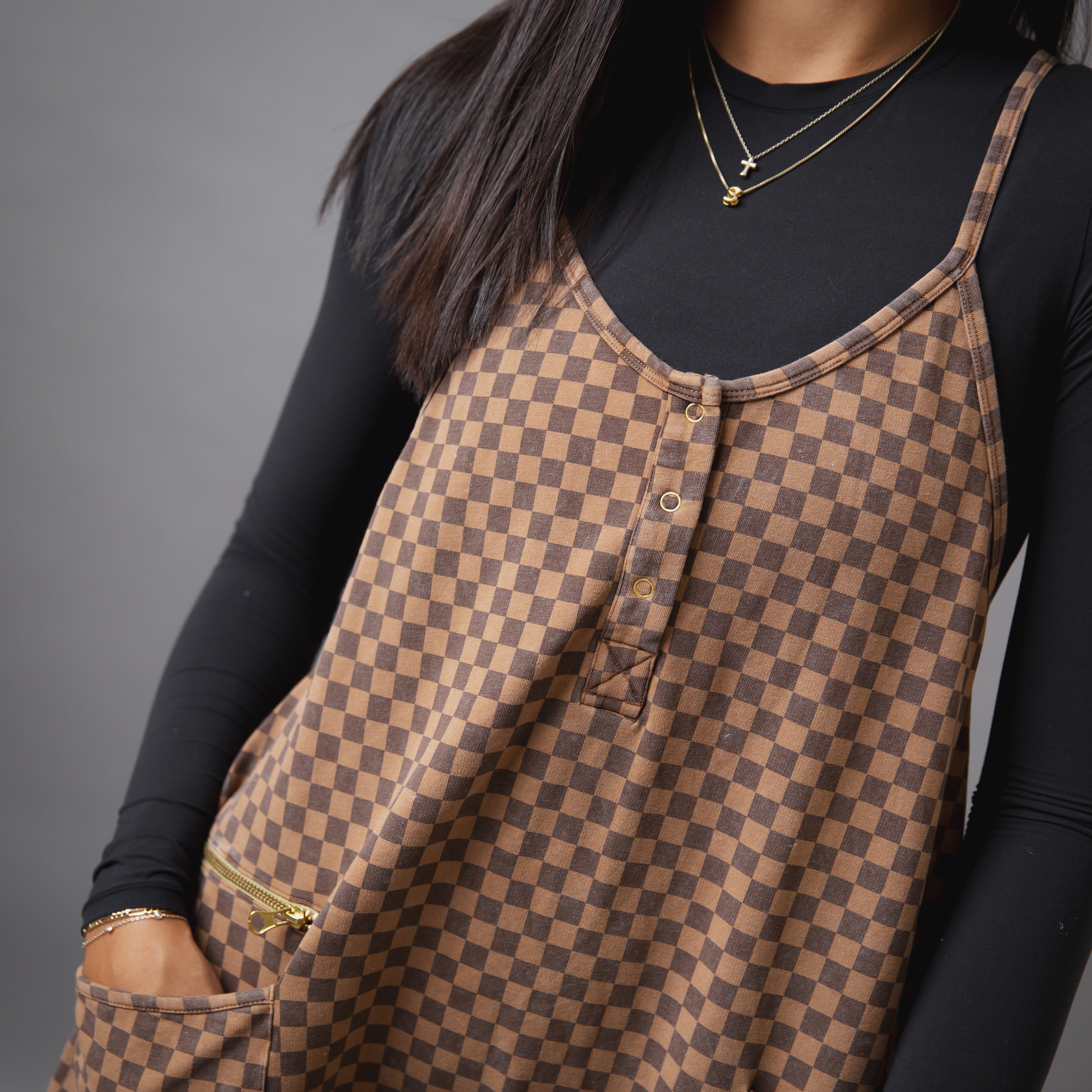 Women's Tank Romper - Washed Cocoa Brown Mini Check