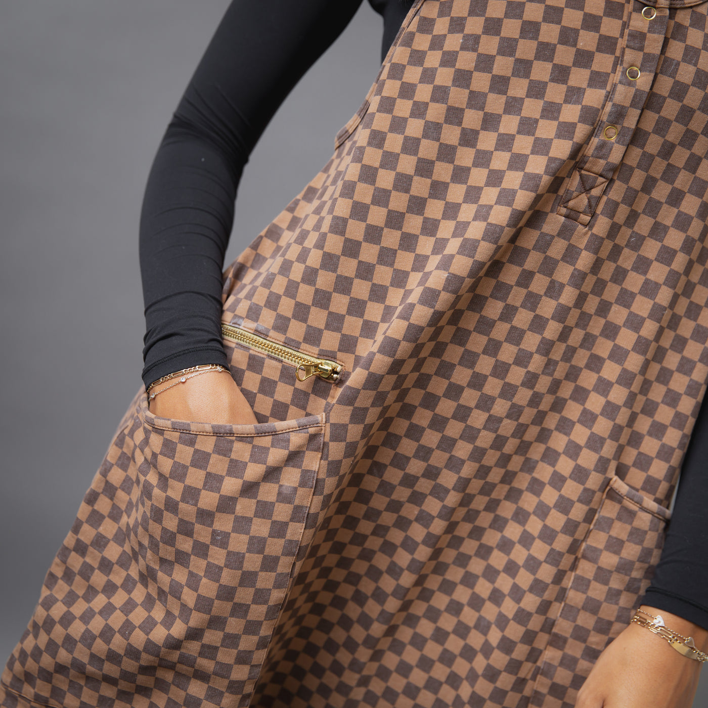 Women's Tank Romper - Washed Cocoa Brown Mini Check