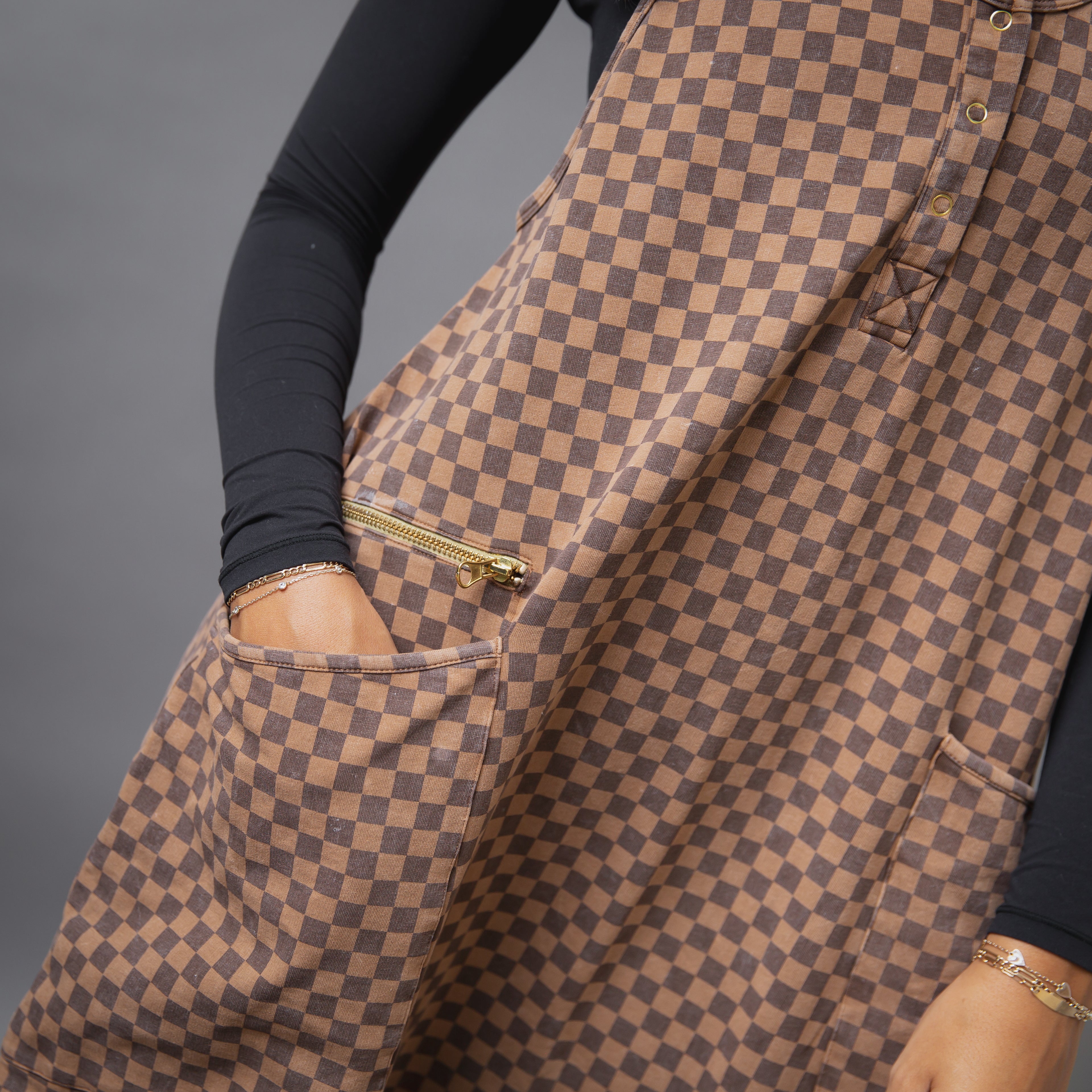 Women's Tank Romper - Washed Cocoa Brown Mini Check