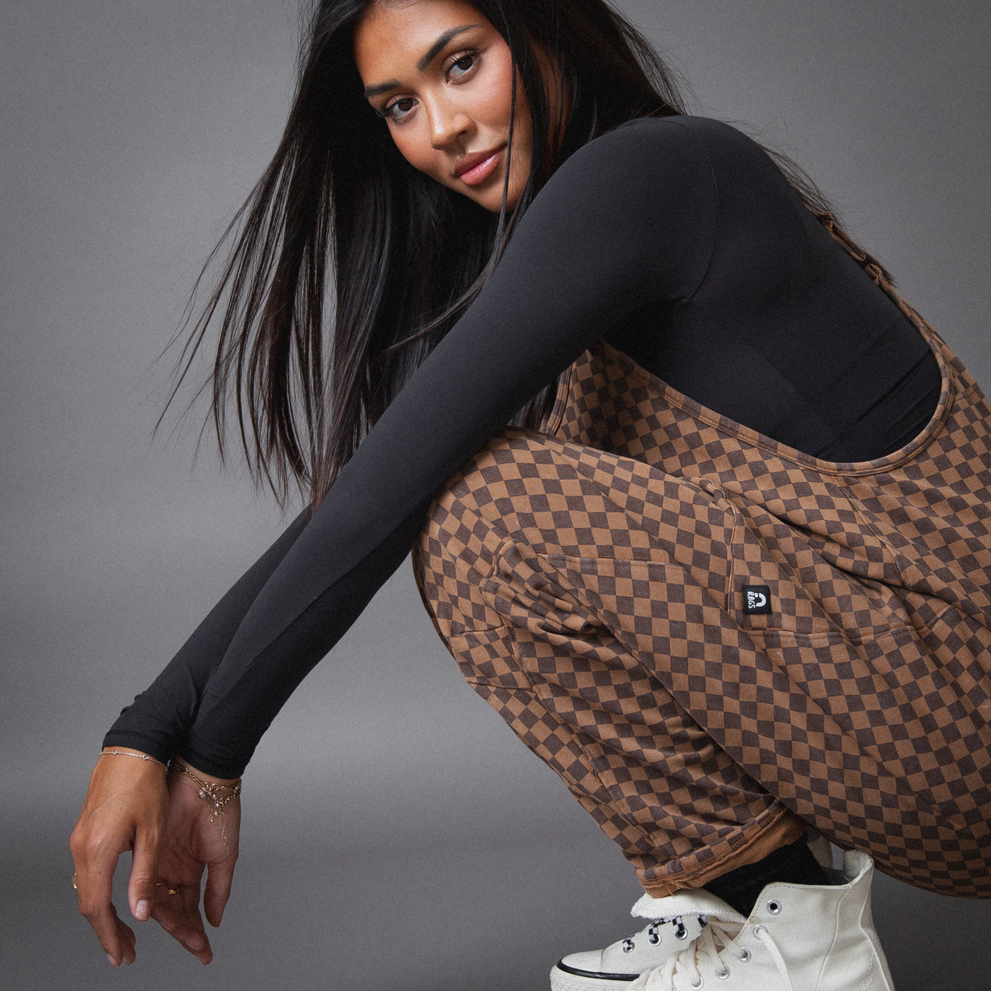 Women's Tank Romper - Washed Cocoa Brown Mini Check