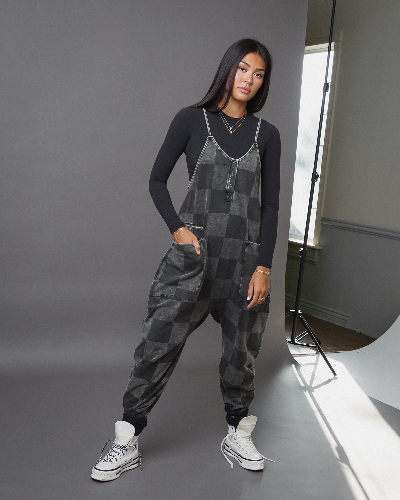 Women's Tank Romper - Black Denim Check