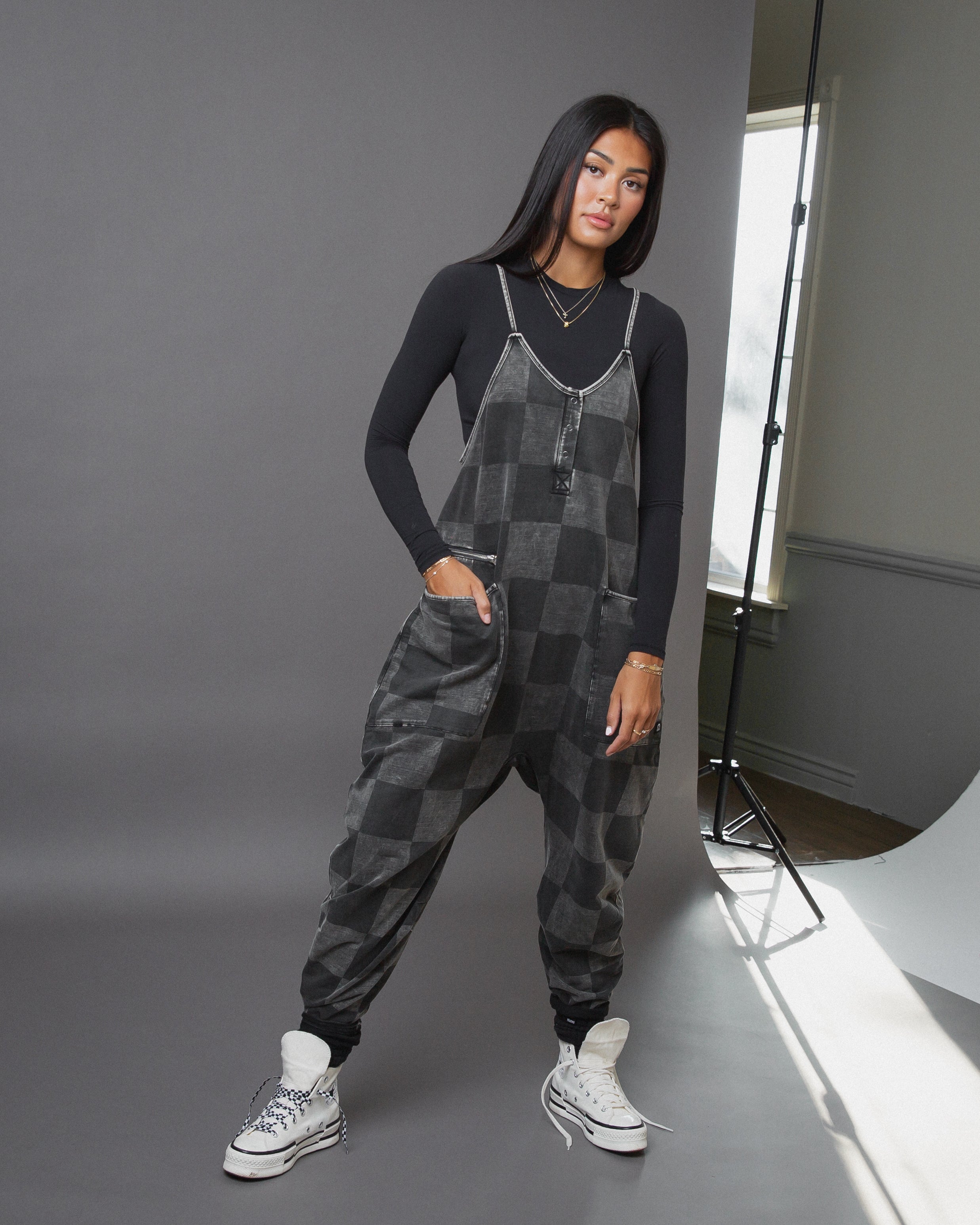 Women's Tank Romper - Black Denim Check