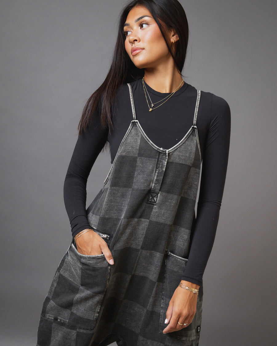 Women's Tank Romper - Black Denim Check