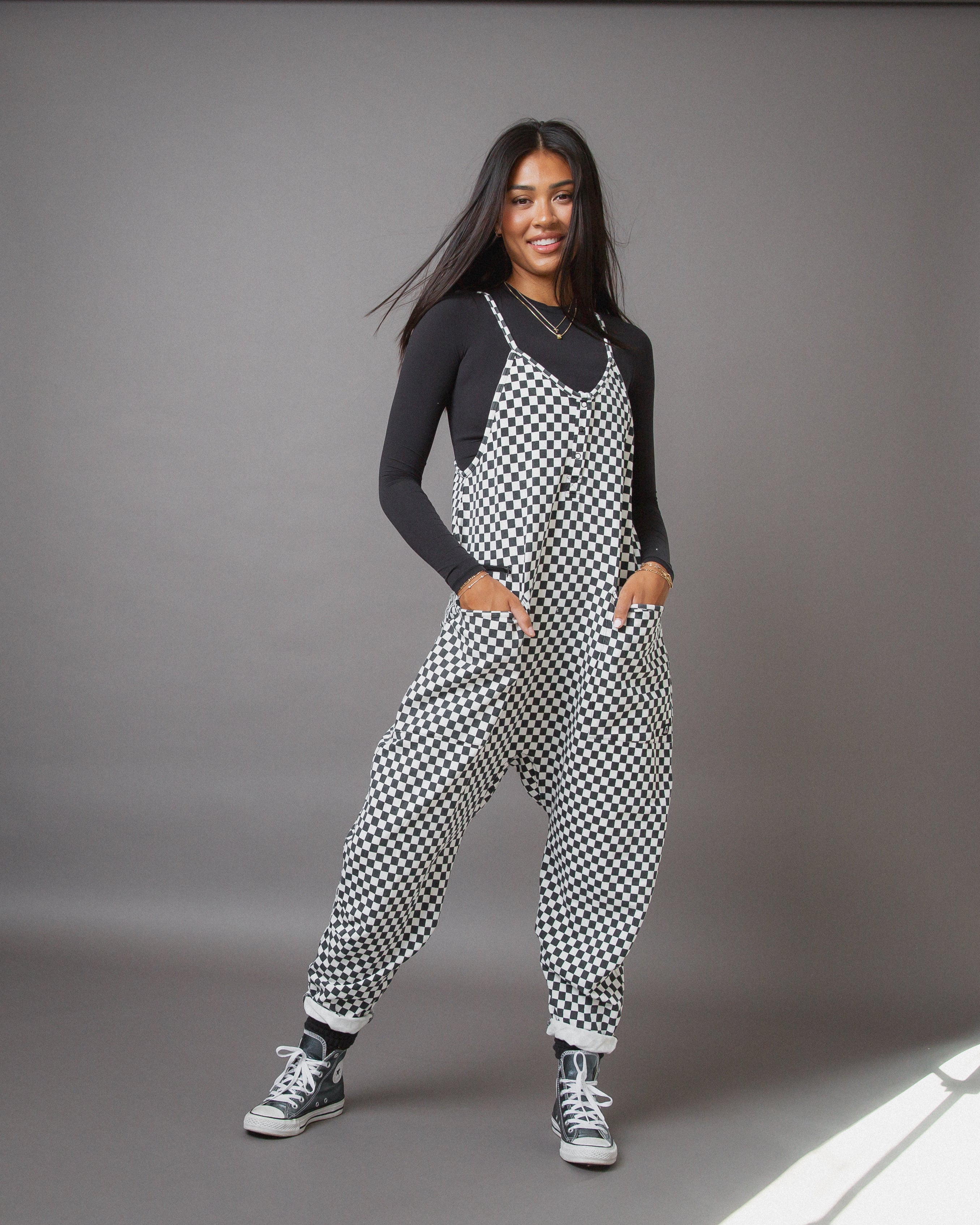 Women's Tank Romper - Black & White Mini Check