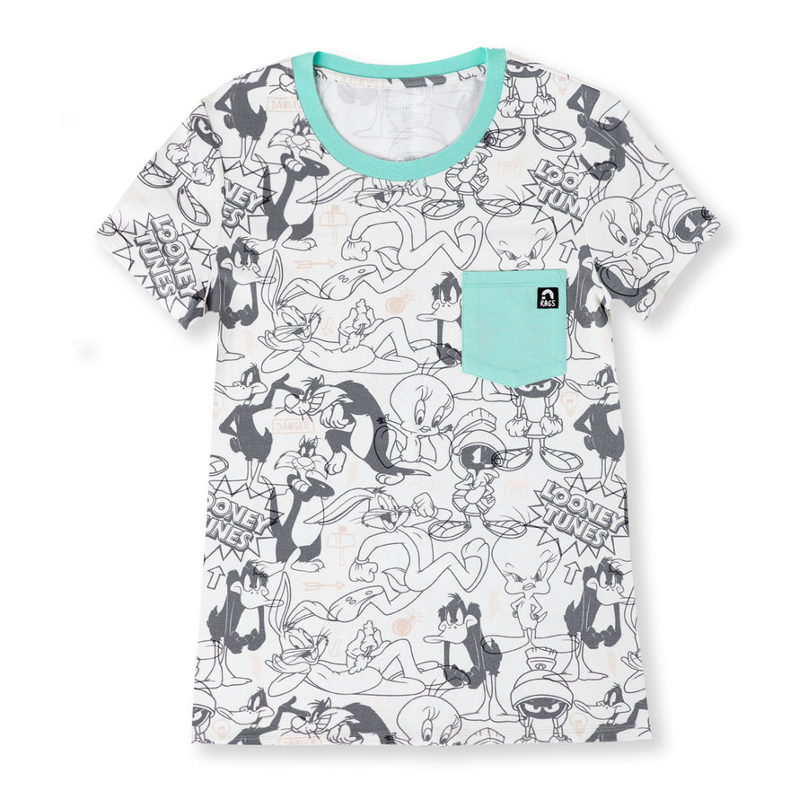 Women's Short Sleeve Pocket Tee - 'Looney Tunes Characters (FINAL SALE)' - Black & White - Looney Tunes Warner Bros. Collection from RAGS