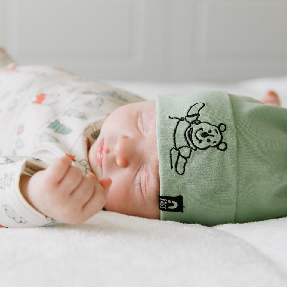 Top Knot Baby Hat - 'Embroidered Winnie the Pooh' - Disney Collection from RAGS - Basil -