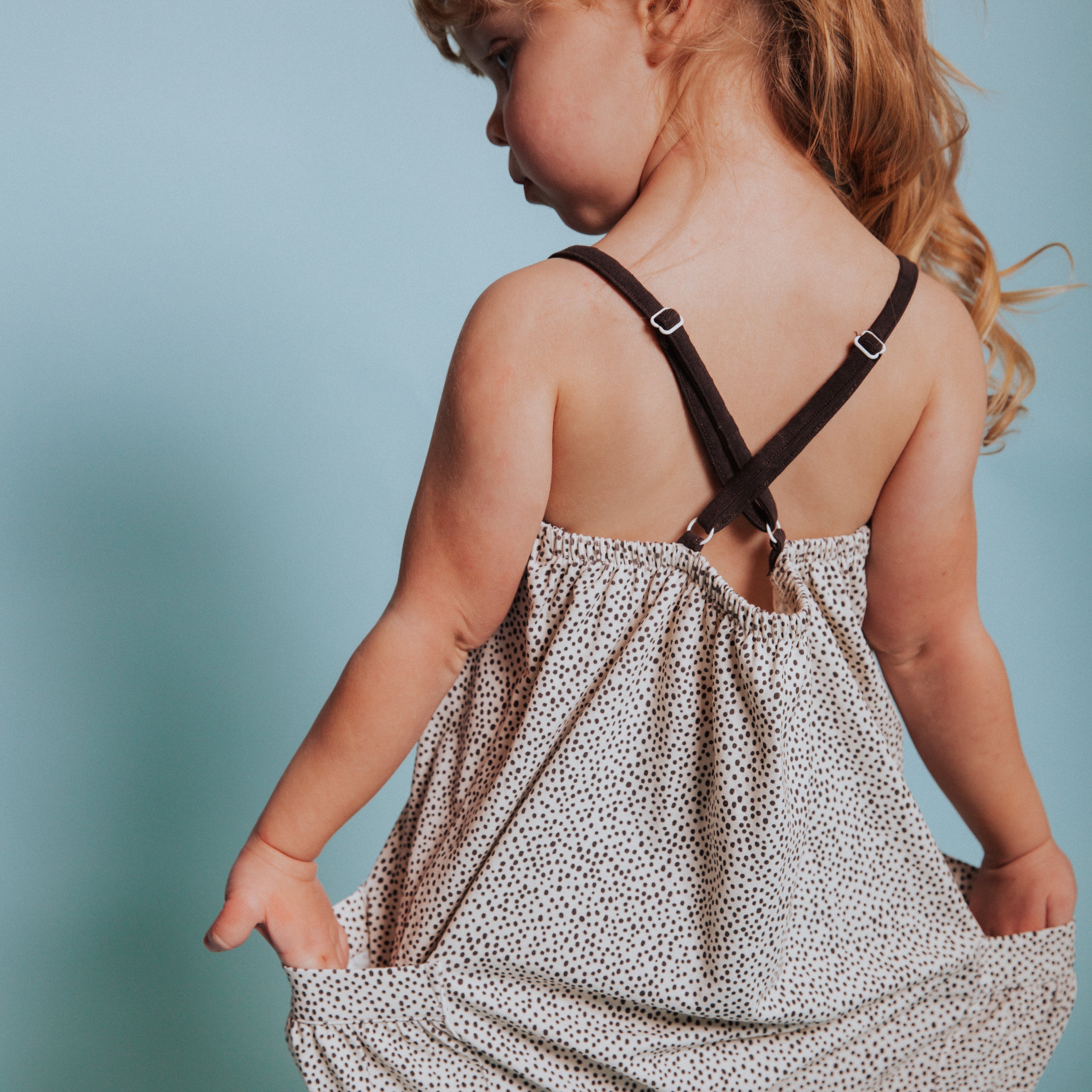 Gathered Strappy Tank Rag Romper With Side Pockets - 'Mini Polka Dots'